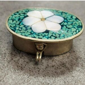 Vintage Silver Hinged Abalone & Turquoise Trinket Pill Box